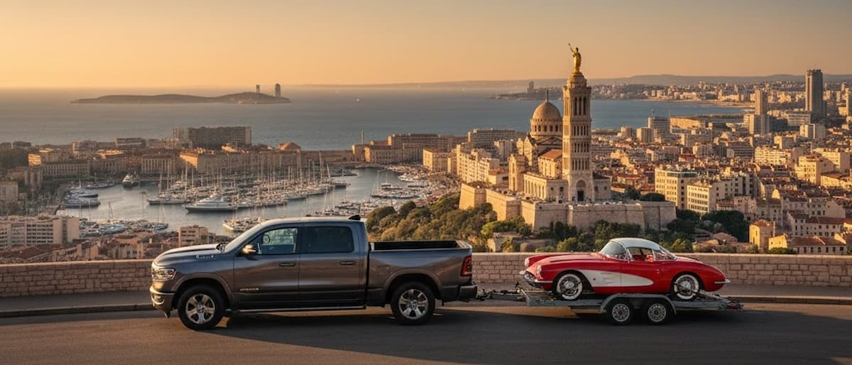 Transport de voiture de sport rouge de collection par Stellriders à Marseille, avec vue panoramique sur la basilique Notre-Dame de la Garde.